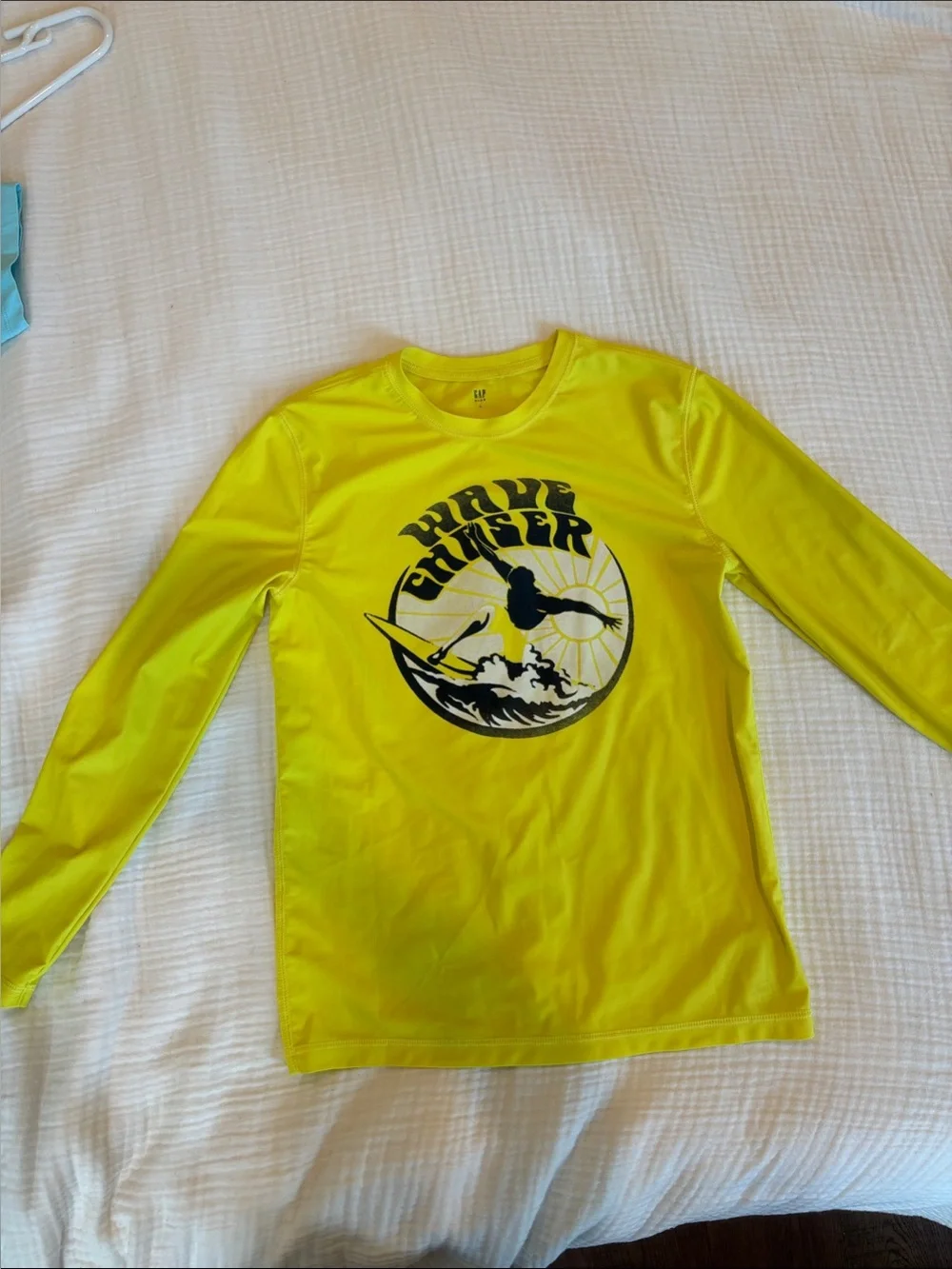 GAP Neon Yellow Rash Guard with Navy & White Wave Swim Trunks